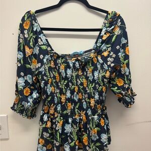 Floral Smocked Peplum Top - Navy with Orange & Light Blue Flowers